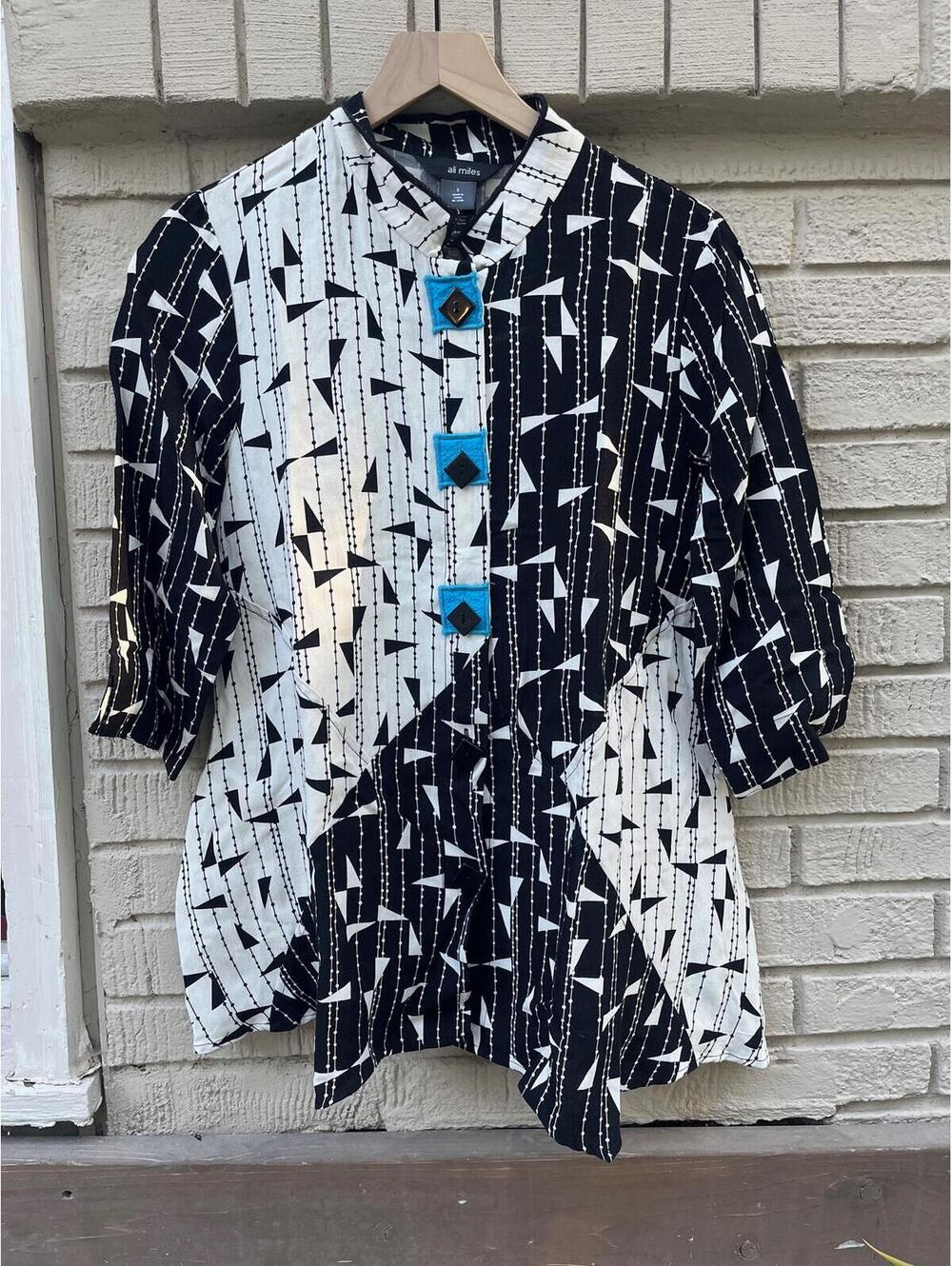 Ali Miles Funky Lagenlook Art-to-Wear Geometric Buttoned S Small Oversized Top
